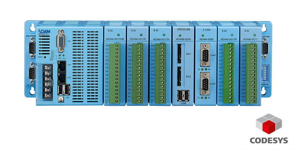 Una experiencia CoDeSys completa con el controlador de E/S, E/S remotas y HMI (interface hombre-máquina) basados en el IPC (PC industrial) ADAM-5560CDS de Advantech.